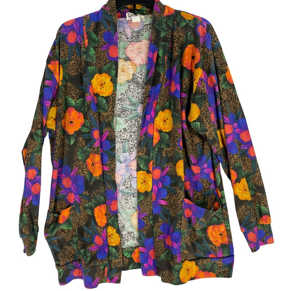 Mondiki Jacket L Open Front Vibrant Floral Leopard Print Square Dancing Layering